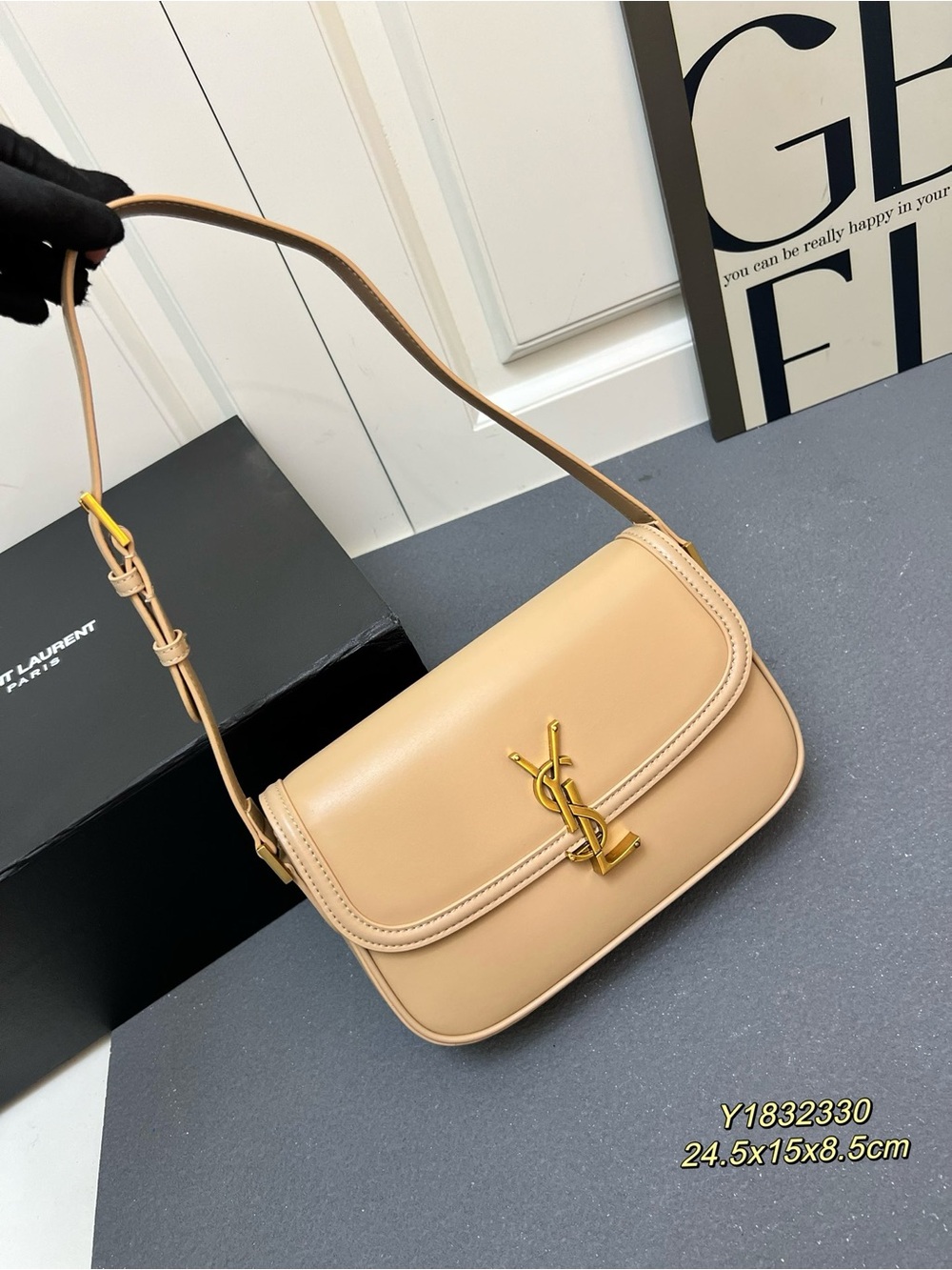 Saint Laurent Beige Leather Shoulder Bag with Gold YSL Emblem